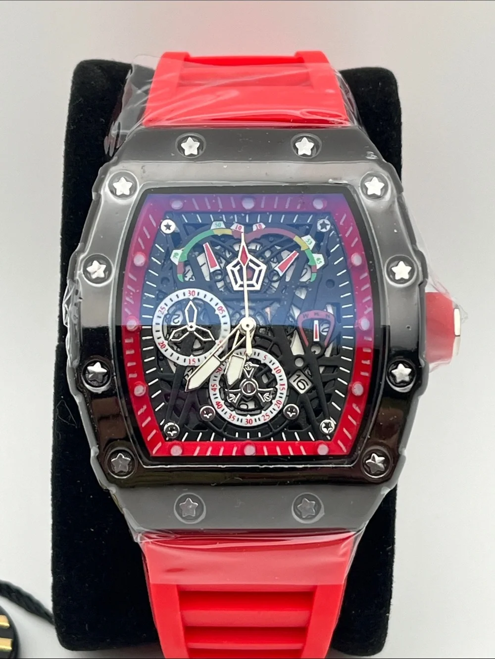 Red Skeleton-Style Sport Watch with Black Bezel